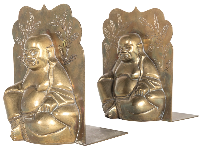  Pair of brass Buddha bookends. Chinese, first half 20th cen...