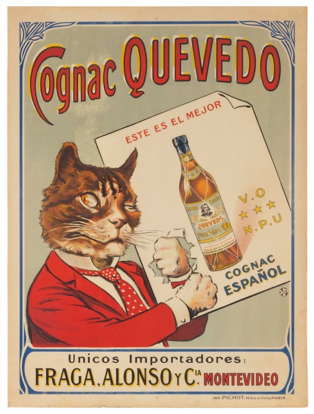  Cognac Quevedo. Paris: Pichot, ca. 1920s. A dapper cat in a...