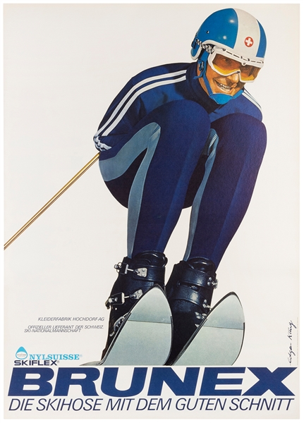  KING, Edgar. Brunex. Circa 1960s. Ski apparel poster depict...