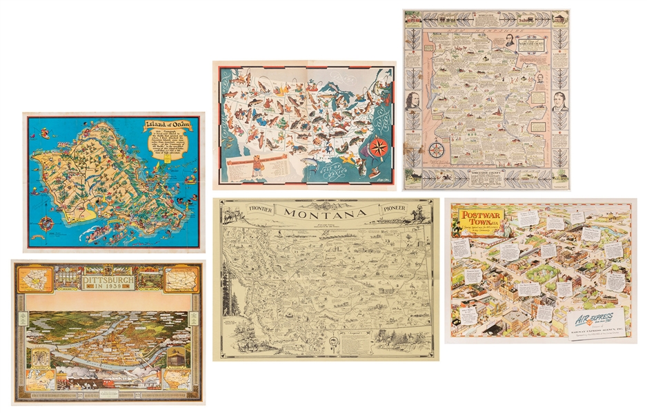  [UNITED STATES]. Group of 6 pictorial maps. Including: Post...