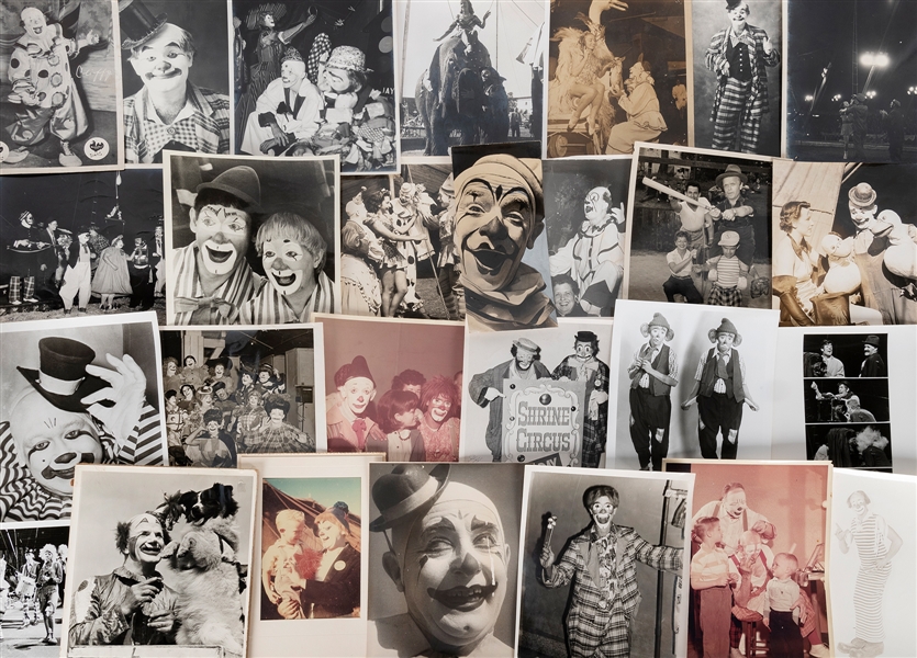  [CLOWNS]. Collection of circus clown photographs. Bulk mid-...