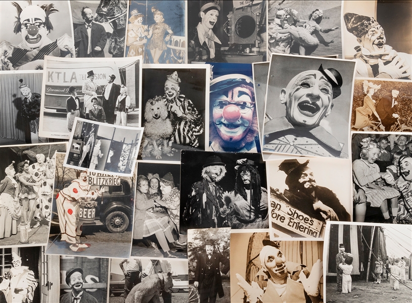  [CLOWNS]. Collection of circus clown photographs. Bulk mid-...