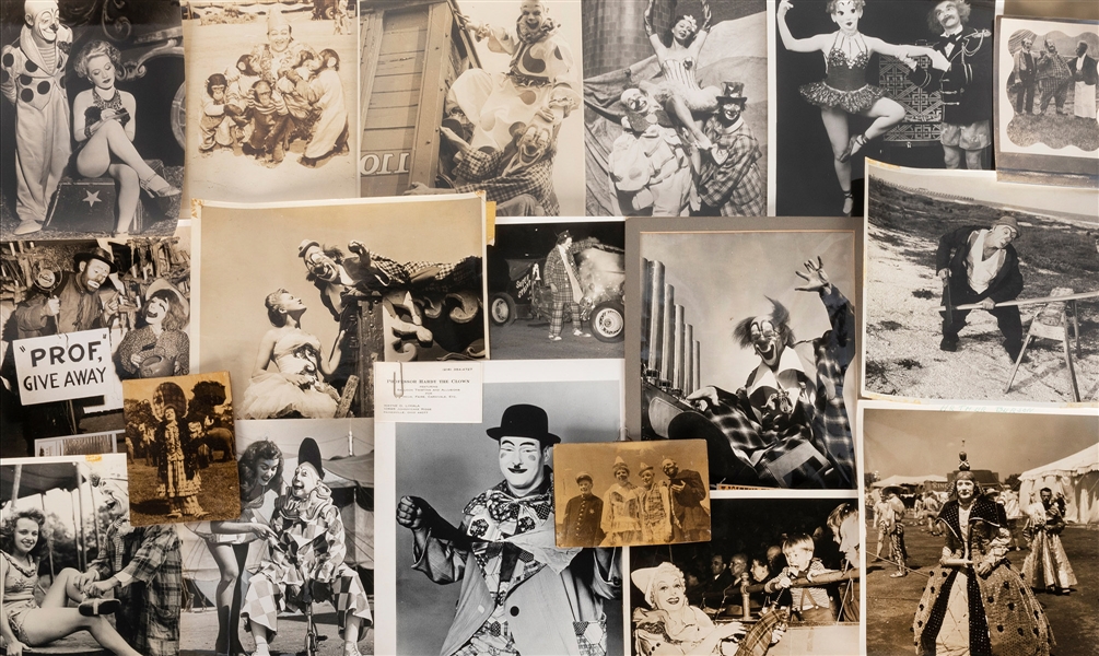  [CLOWNS]. Collection of circus clown photographs. Bulk mid-...