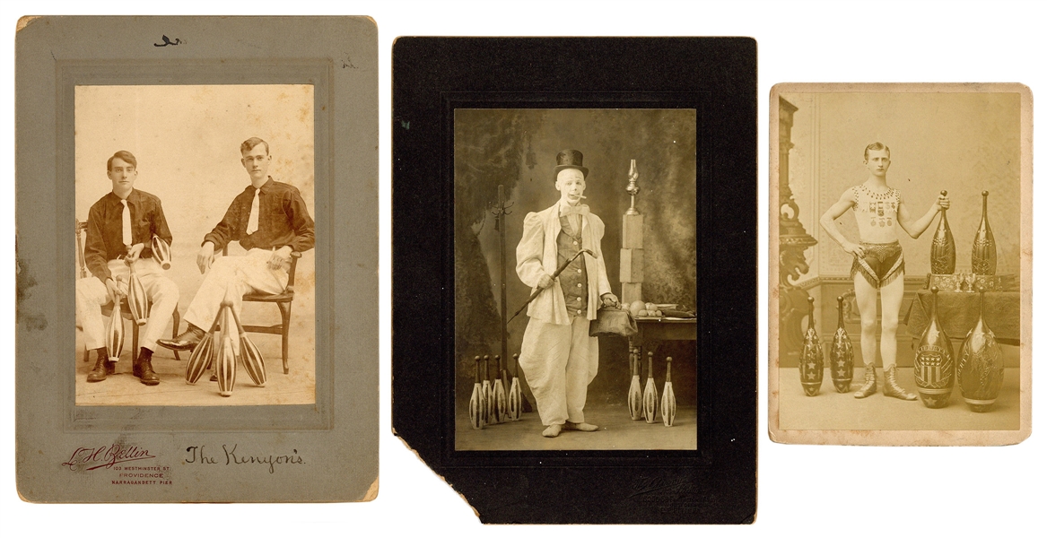  [JUGGLERS]. Three cabinet photos of jugglers. Circa 1880s/1...