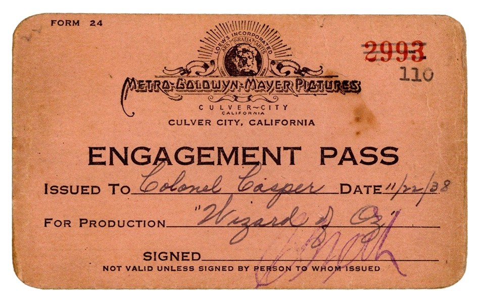  [WIZARD OF OZ]. MGM Pictures Engagement Pass issued to Col....