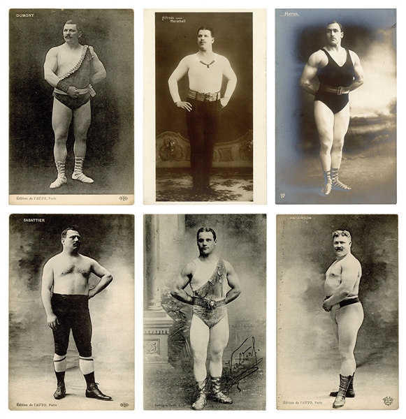  [STRONGMEN]. Six French postcards. Circa 1910s. Six portrai...