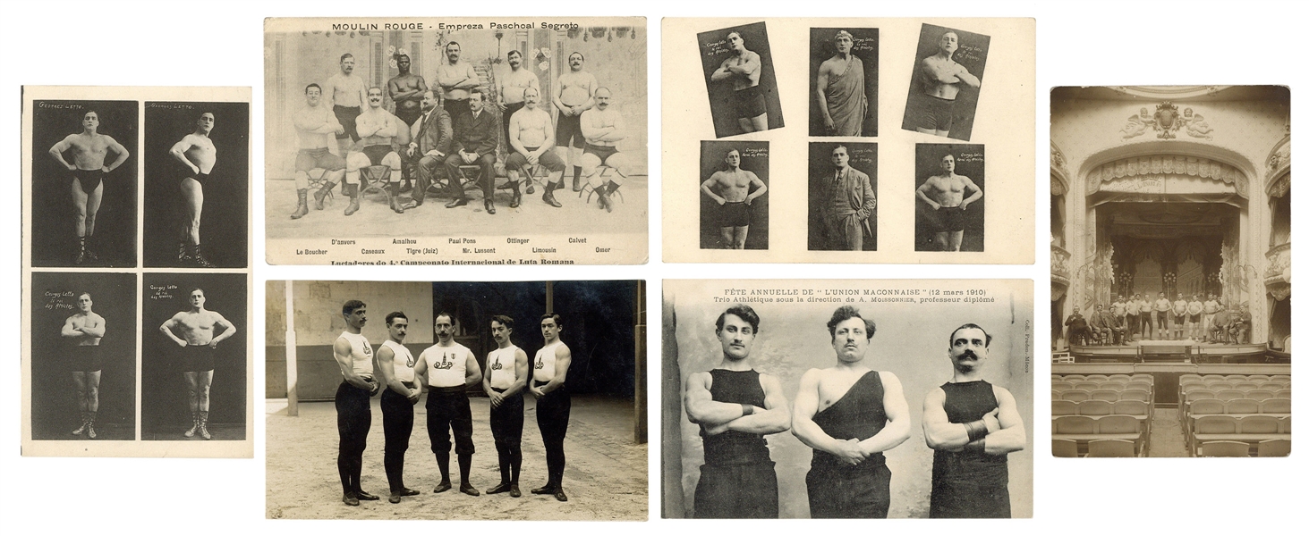  [STRONGMEN]. Six French postcards. Circa 1910s. Six postcar...