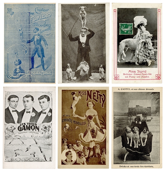  [POSTCARDS]. Trained / acrobatic dog acts. Six circus postc...