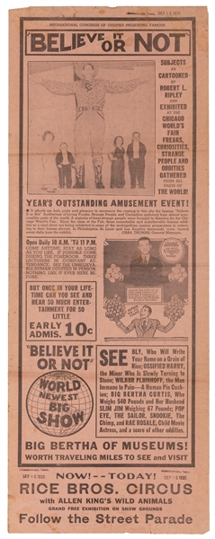  Rice Bros. Circus “Believe It Or Not” herald. 1935. Double-...