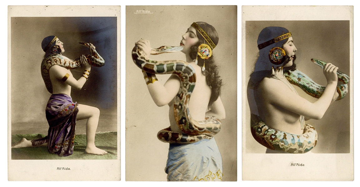  [SNAKE CHARMER]. Three RPPCs of All’Aida. Early twentieth c...