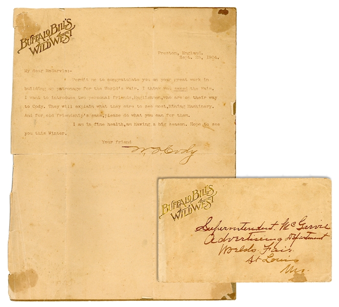  CODY, William F. (BUFFALO BILL) (1846-1917). Typed letter s...