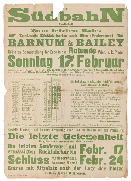  Barnum & Bailey European Tour / Vienna Austria Broadside. V...