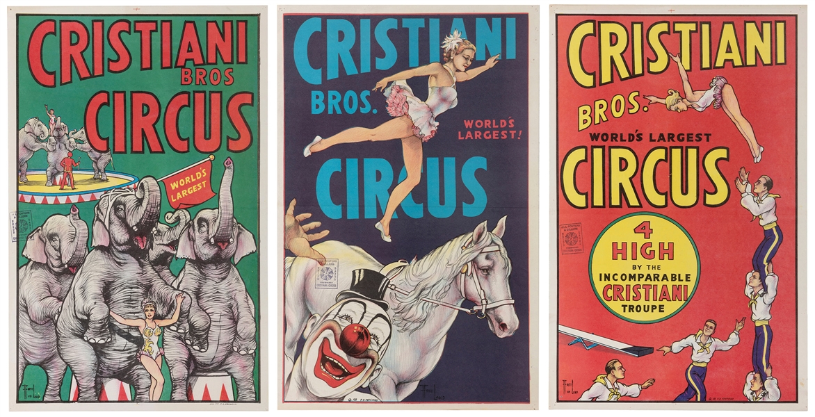  FREELAND, Forrest. Three Cristiani Bros. Circus posters. 19...