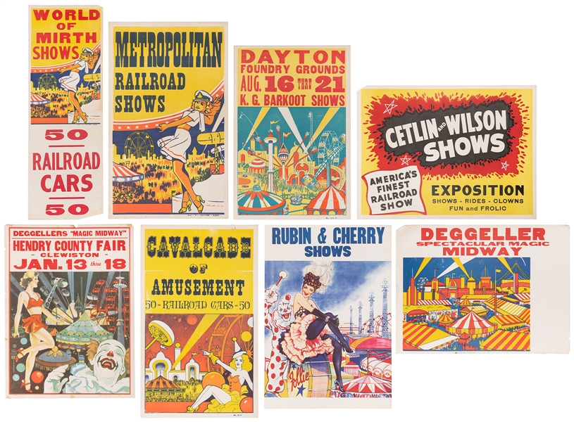  Lot of 8 American carnival circus posters. Circa 1950s/60s....