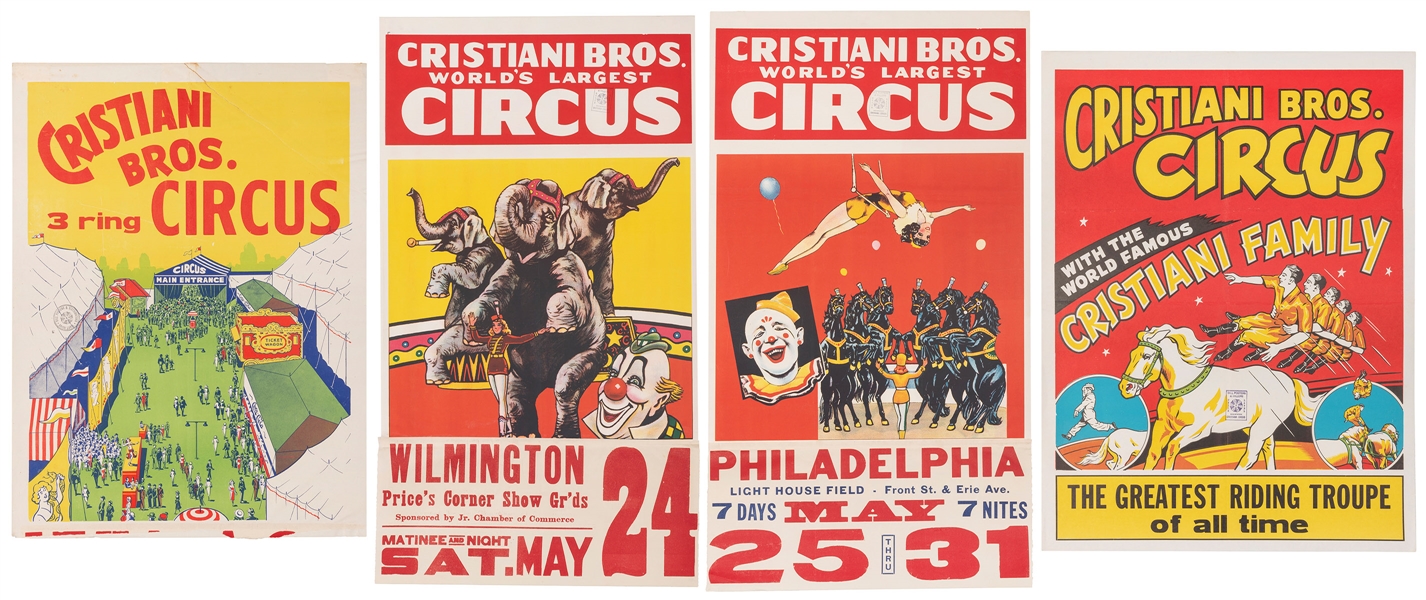  Cristiani Bros. Circus. Four posters. Circa 1960s. Half-she...