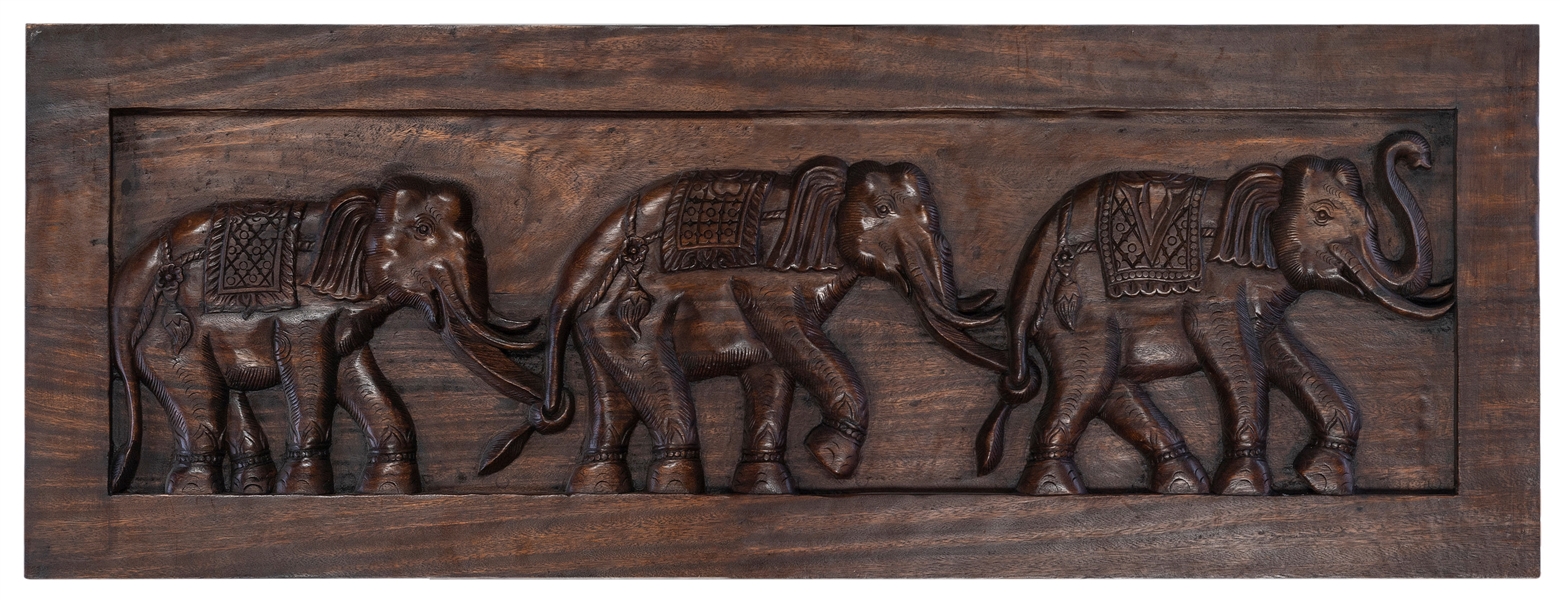  Carved wooden elephant panel. Thailand. Carved heavy wooden...