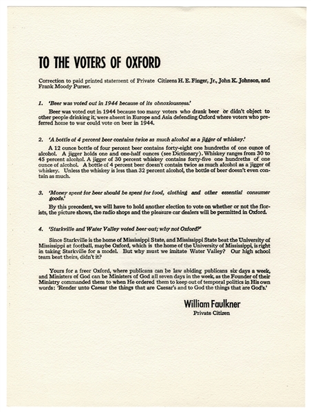  FAULKNER, William (1897–1962). To the Voters of Oxford. [Wi...