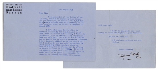  WOOLF, Virginia (1882–1941). Typed letter signed (“Virginia...