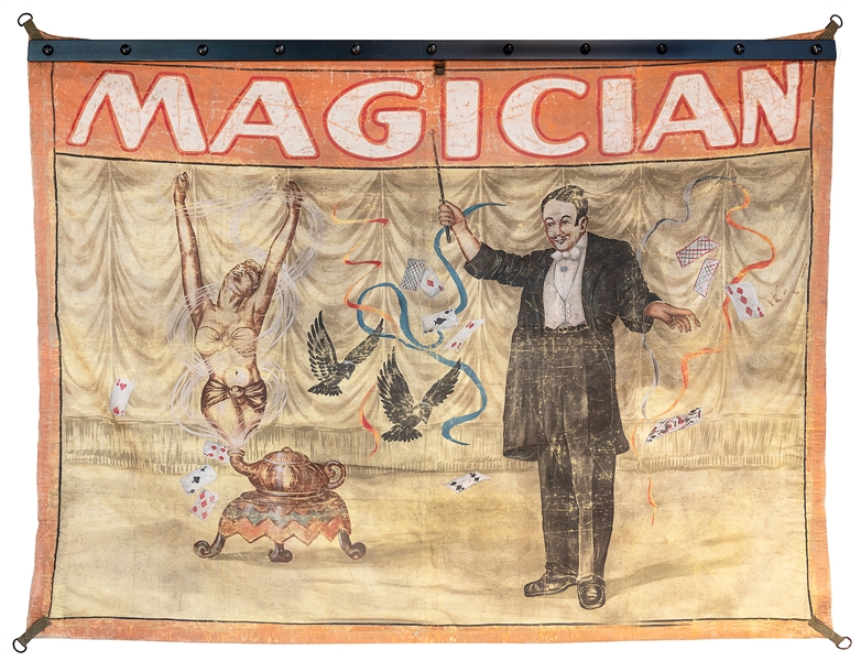  [SIDESHOW BANNER] MAGICIAN SIDESHOW BANNER. Circa 1920. Han...