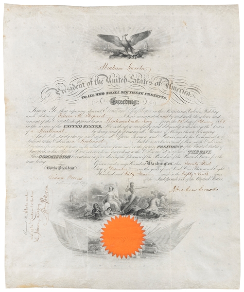  LINCOLN, Abraham (1809–1865). Engraved naval document signe...