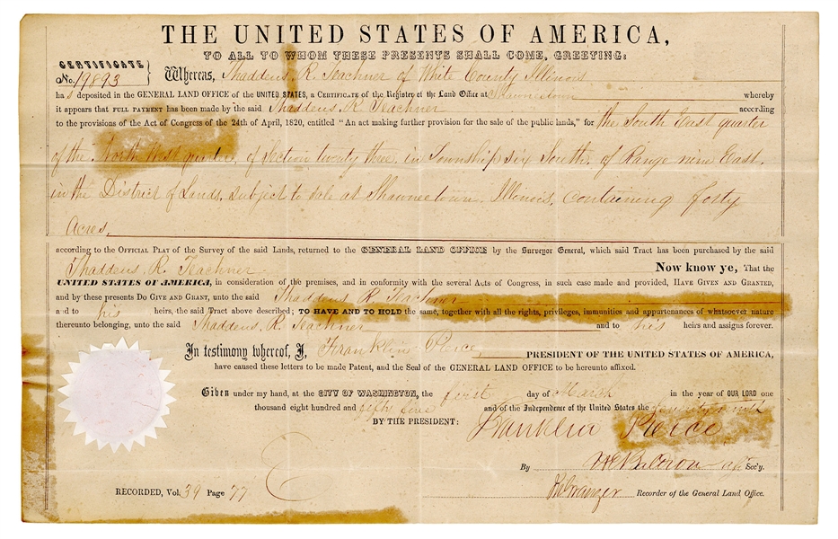  PIERCE, Franklin (1804-1869). Secretarial Signed Document (...