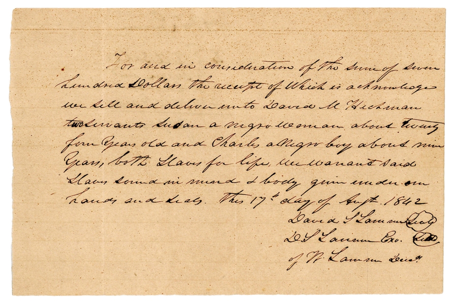  [SLAVERY]. An autograph promissory note for two slaves to D...