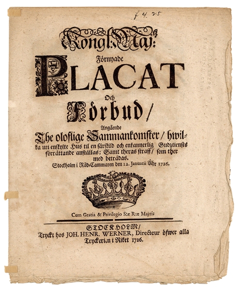  [CONVENTICAL POSTER]. Placat och Forbud… Stockholm: Joh. He...