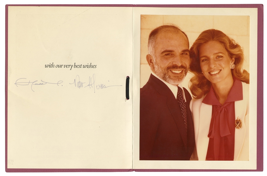  [JORDAN]. King Hussein and Queen Noor signed card. Circa 19...