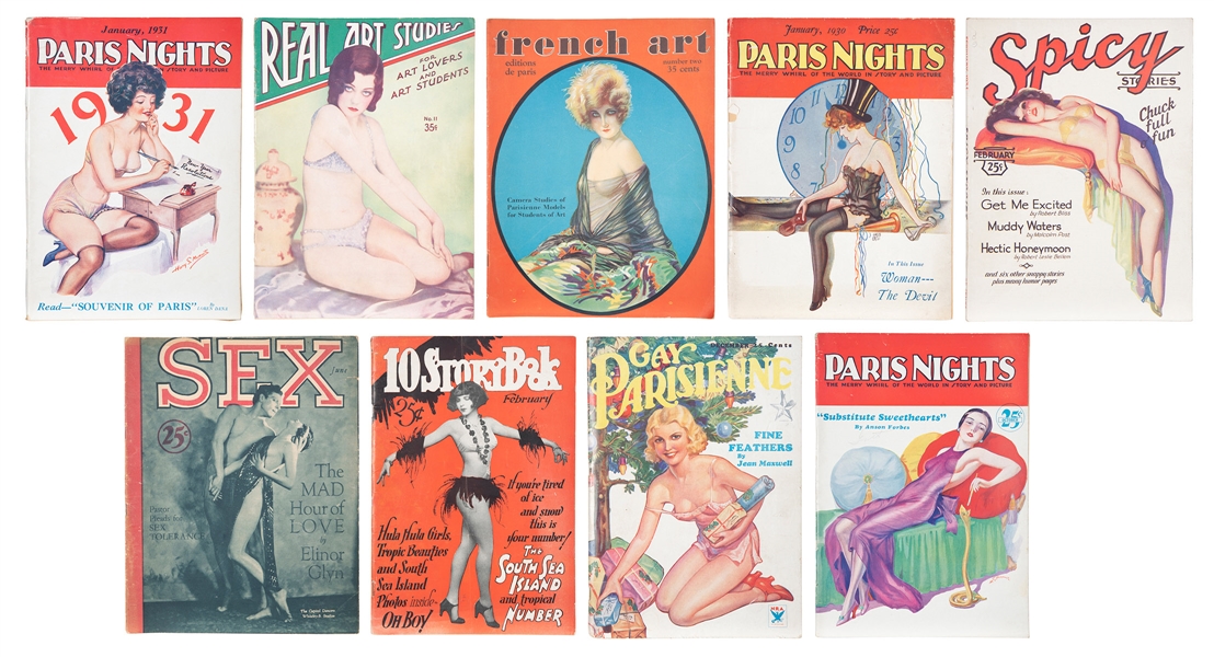  [PIN-UP]. Group of 9 vintage risqué nude and girlie magazin...