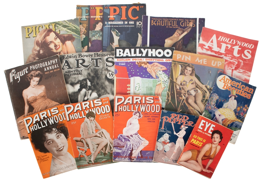  [PIN-UP]. Group of 14 pin-up, girlie, and risqué magazines....