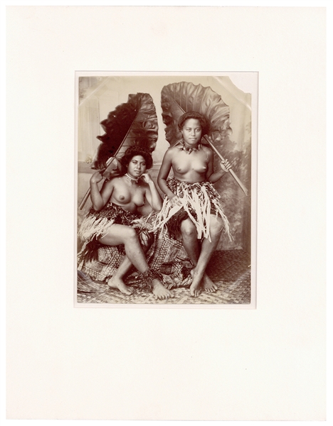  [HAWAII]. Early photographic portrait of 2 semi-nude Hawaii...