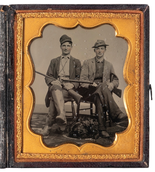  [EARLY PHOTOGRAPHY]. Sixth plate tintype of hunters with do...