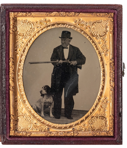  [EARLY PHOTOGRAPHY]. Sixth plate tintype, man with shotgun ...