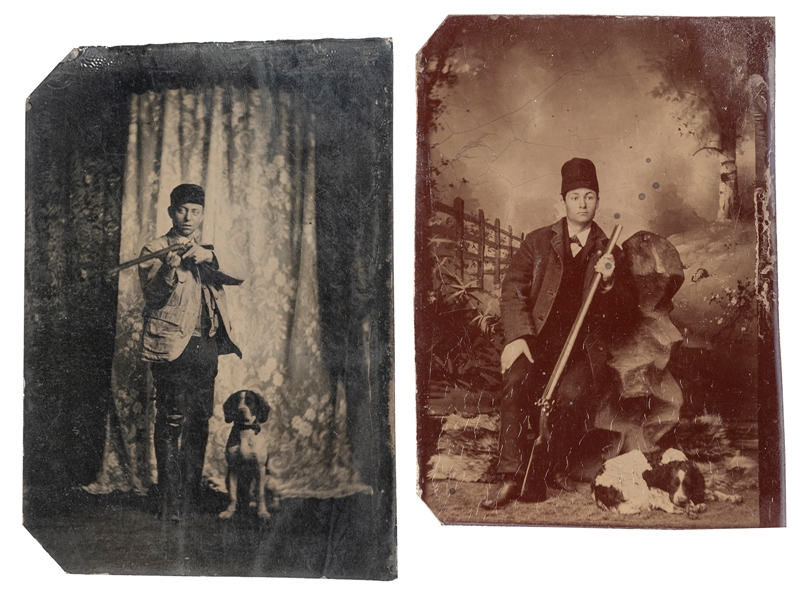  Two tintypes of hunters with shotguns and dogs. 19th Centur...