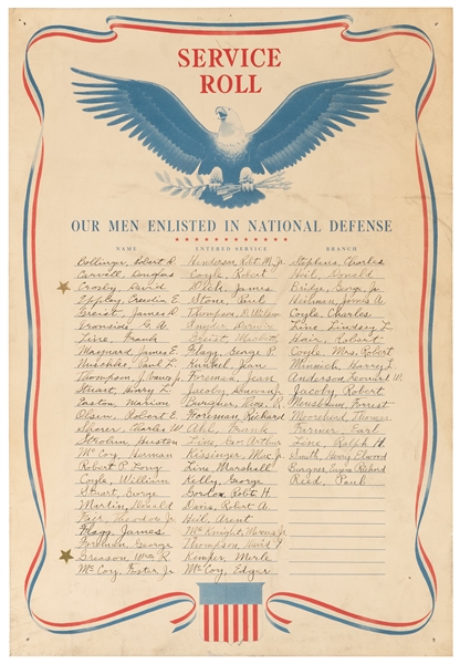  [WORLD WAR II]. Service Roll. 1940s. American service roll ...