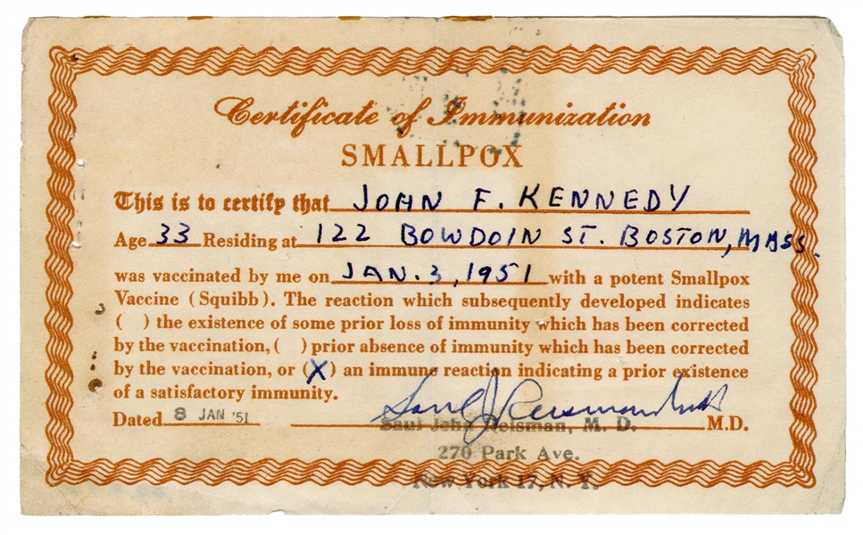  [KENNEDY, John Fitzgerald (1917–1963)]. Smallpox immunizati...