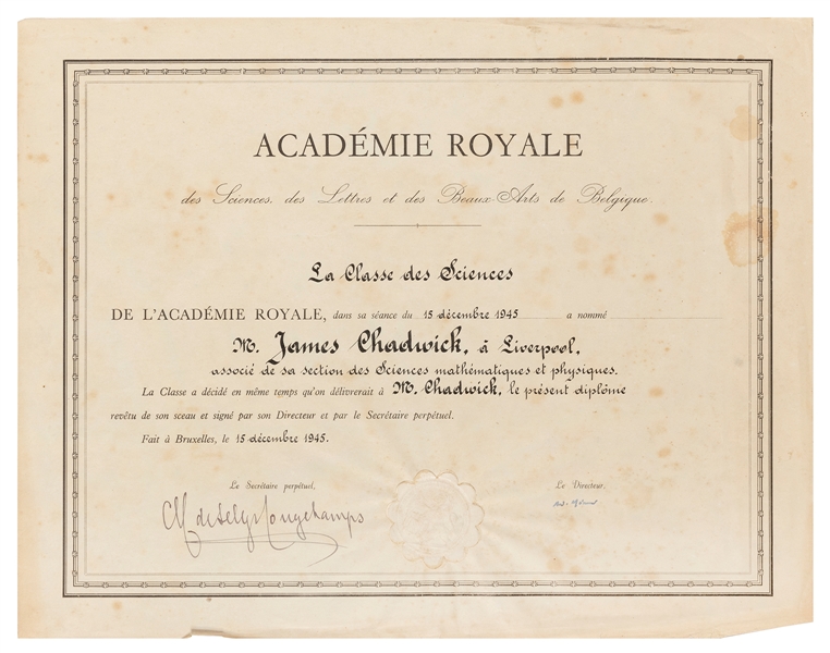  [CHADWICK, Sir James (1891-1974)]. Academie Royale des Scie...