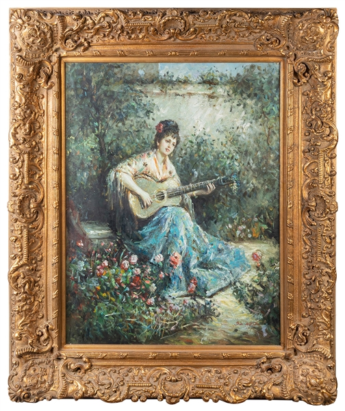  BAPTISTE, Jhan [?]. Woman with guitar. Original oil on canv...