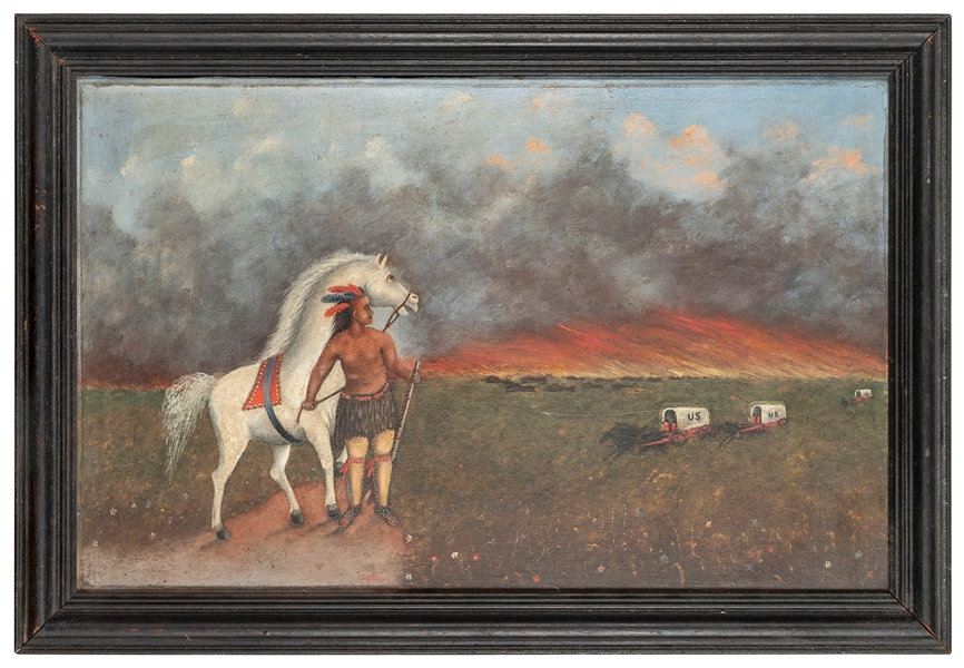  LOVE, J. C. Native American watching covered wagons. Circa ...