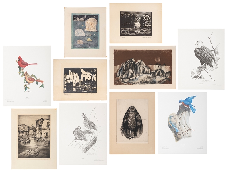  [PRINTS]. A group of 16 woodblocks, etchings, and lithograp...