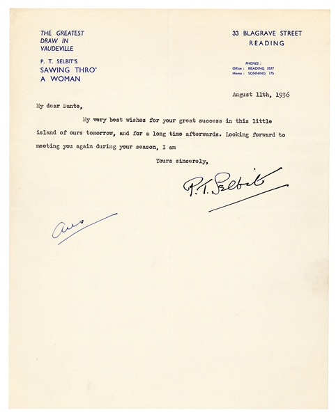  SELBIT, P. T. (1881-1938). Typed Note Signed to fellow magi...