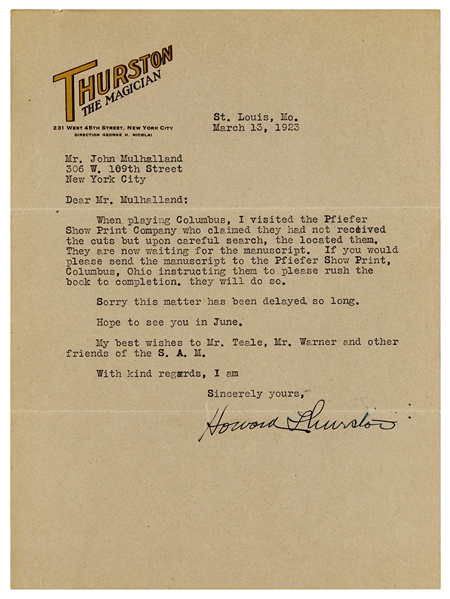  THURSTON, Howard (1869-1936). Typed Letter Signed by Howard...