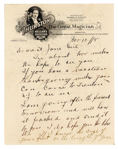  THURSTON, Howard (1869-1936). Autograph Letter Signed to hi...