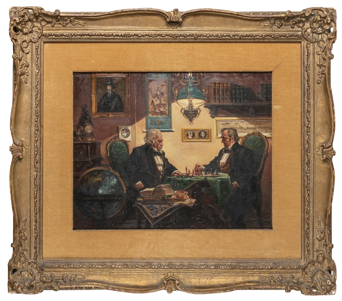 ECHTERMEYER, Curt (“Curt Bruckner”) (1896-1971). The Chess Players. 1962. Oil on canvas. Two men dressed in mid-19th century attire play a spirited game of chess in a richly-furnished study....