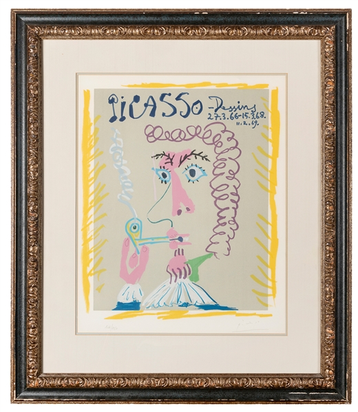 PICASSO, Pablo (1881-1973). Dessins. 1969. Color lithograph on BFK-Rives paper depicting a colorful interpretation of a bearded man smoking a pipe. Framed