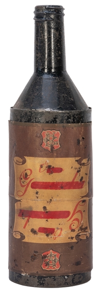  Topsy-Turvy Bottle. Ca. 1900. Painted tin bottle with print...