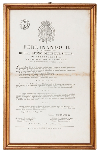  [LOTTERIES AND RAFFLES]. Royal decree from King Ferdinand I...