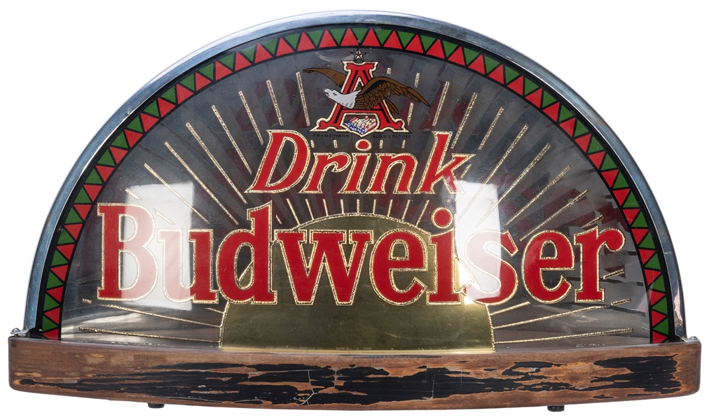  Budweiser Reverse Glass Lighted Cab Sign. Circa 1940s. Half...