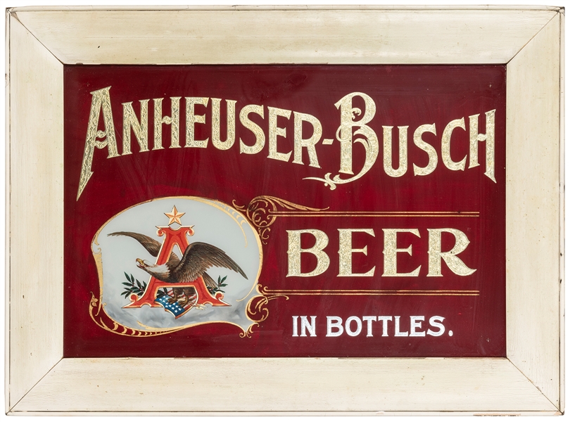  Reverse-Glass Anheuser Busch Sign. Circa 1910s. Red reverse...