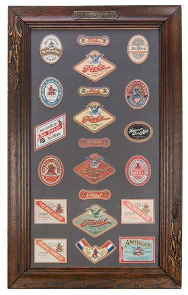  Group of Beer Labels in Anheuser Busch Frame. Twenty-one Pr...